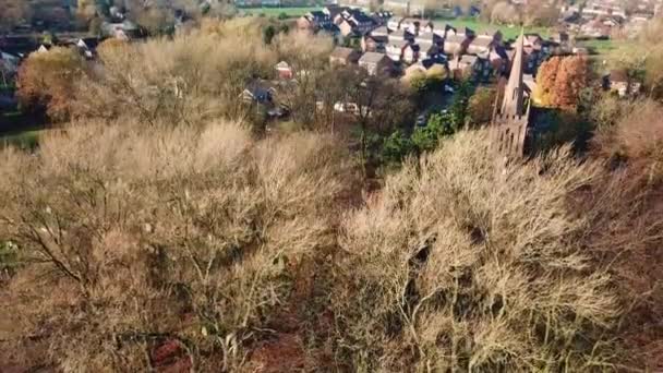 Aerial Ascending Shot Trees Panning Reveal Autumn Colours Countryside Church — Video Stock