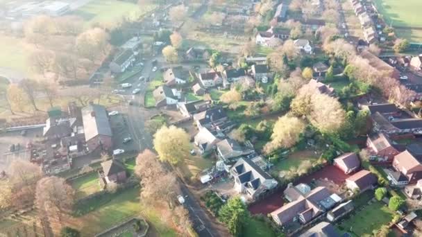 Reverse Aerial Shot Rural Village Church Countryside Autumn Sunrise — Vídeo de Stock