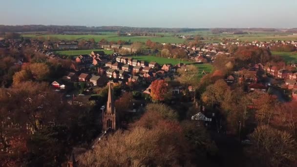 Aerial Reveal Shot British Autumn Colours Countryside Views Church Houses — Video Stock