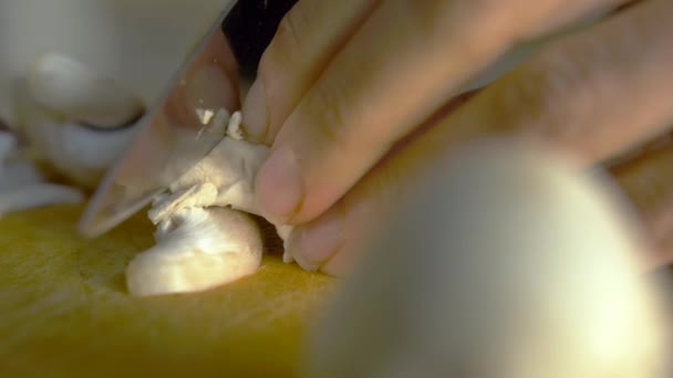 Close Female Cutting Mushrooms White Woman Preparing Healthy Meal — Stock Video