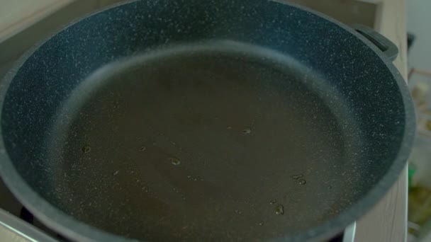 Mushrooms Being Thrown Pan Slow Motion Young Woman Cooking Home — Vídeo de Stock