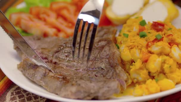 Meat Steak Corn Tomatoes Lettuce Potatoes — Vídeos de Stock