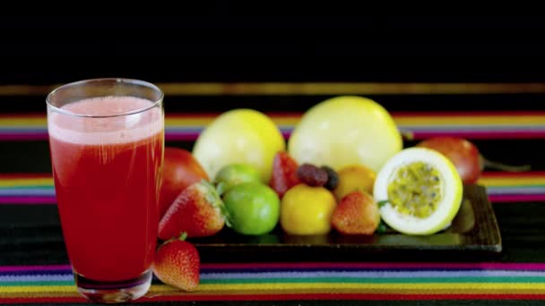 Fresh Fruits Glass Strawberry Juice — Vídeos de Stock