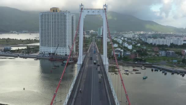 Aerial Shot Flying Arches Suspension Bridge Danang Vietnam — ストック動画