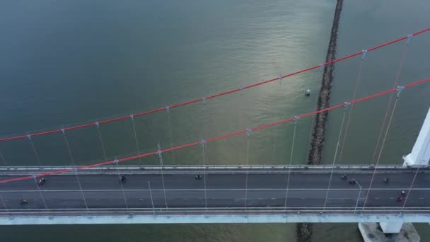 Aerial Tracking Shot Thuan Phuoc Suspension Bridge Traffic River Danang — Stockvideo