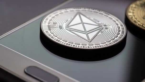 Cryptocurrency Bitcoin Ethereum Smartphone Selective Focus — Stock video