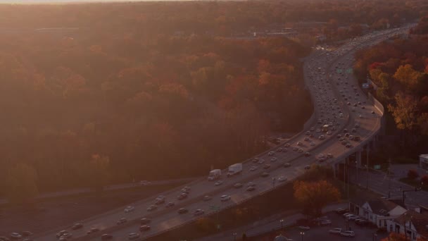 Aerial Highway Traffic Rush Hour Sunset Autumn — Stock video