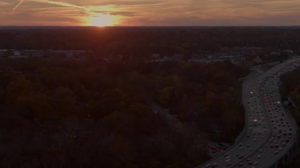 Aerial Highway Traffic Sunset Autumn Camera Slides Right — Stock video