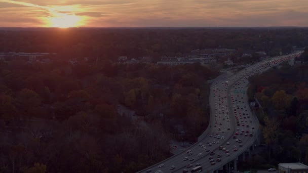 Aerial Gorgeous Sunset Trees Highway Traffic — Stock Video