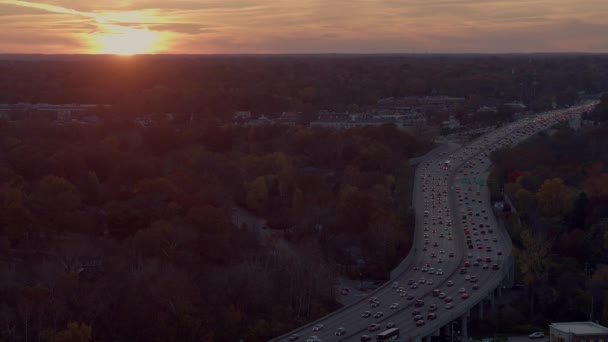 Aerial Gorgeous Sunset Trees Highway Traffic — Stock video