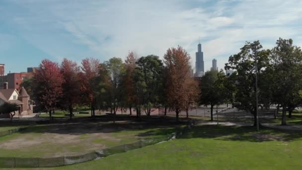 Breathtaking Aerial Reveal Chicago Skyline Trees Beautiful Weather — Video