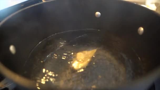 Dropping Homemade Pasta Boiling Water — Vídeo de Stock