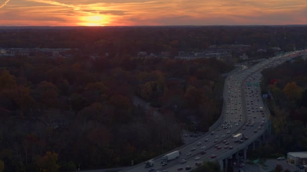 Drone Descends Highway Autumn Sunset — Stock Video