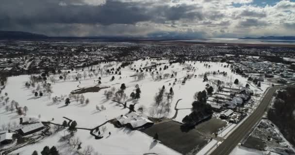 Drone Shot Panning Snow Covered Town Rests Beautiful View — Stockvideo