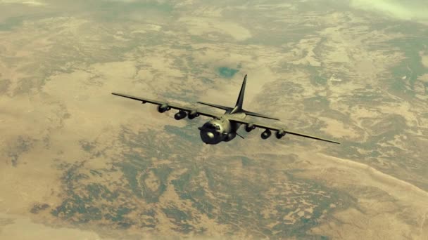 Lockheed 130 Hercules Military Transport Aircraft Flying Desert Landscape Animation — 图库视频影像