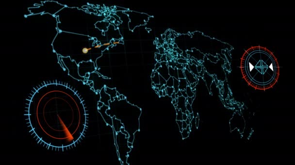 Neon High Tech Network World Map Radars Connecting Lines Alpha — Video Stock