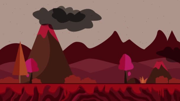 Beautiful Volcanoes Landscape Animation Smoke Trees Moving Cartoon Flat Style — 图库视频影像