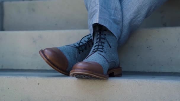 Close Grooms Shoes Sitting Steps His Wedding — Stockvideo