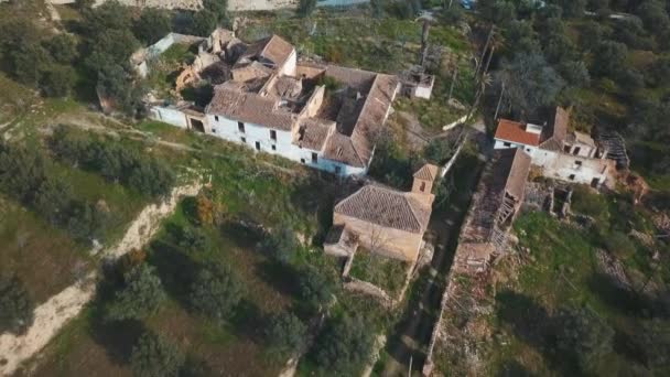 Aerial View Abandoned Village Church Surrounded Nature Spain — Stockvideo