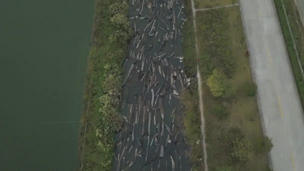 Rising Aerial Shot Channel Numerous Wood Logs Submerged Water — Stok Video
