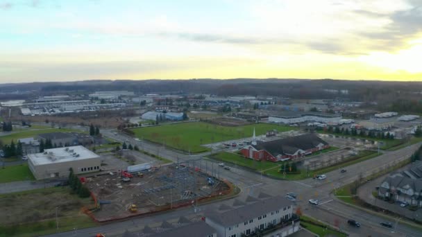 Drone Aerial View Kitchener Suburbs Construction Site Church Sunset — Stock video