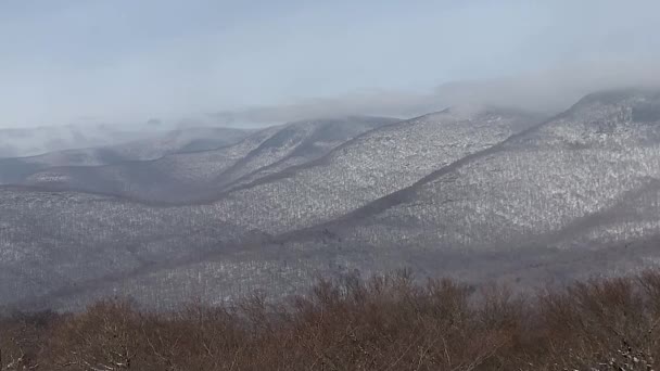 Footage Low Lying Clouds Blowing Catskill Mountains Winter Seen Overlook — Stockvideo