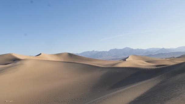 Slow Motion Tilt Mesquite Flat Sand Dunes Clear Blue Sky — Vídeo de Stock