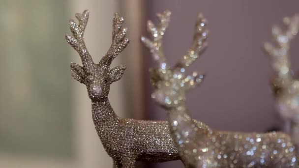 Macro Footage Christmas Decorations Three Glittery Sequenced Reindeer Shallow Focus — Vídeo de Stock