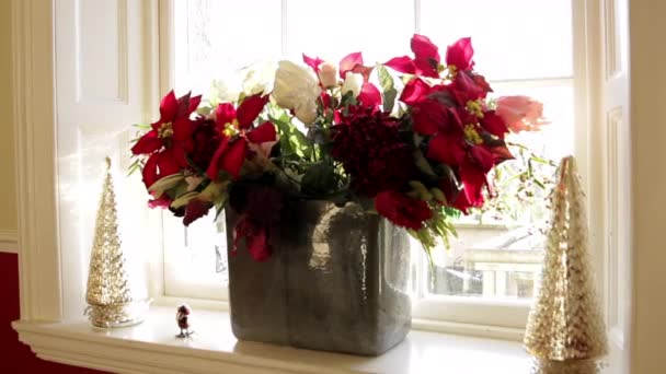 Bouquet Flowers Windowsill Christmas Tree Decorations Eitherside — Vídeo de Stock