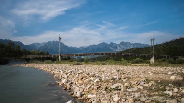 Time Lapse Italian Alps Landscape River Flowing Bridge Mountains Background — Video Stock