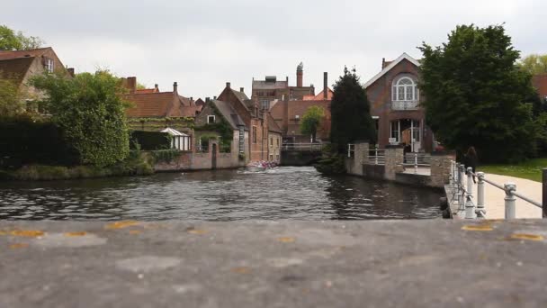 Barge Full Tourists Sails Water Canal Belgium — Stock video