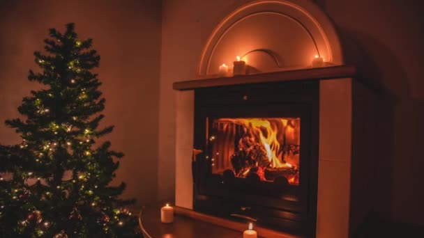 Beautiful Christmas Tree Silvery Decoration Soft White Lights Peaceful Fireplace — Wideo stockowe