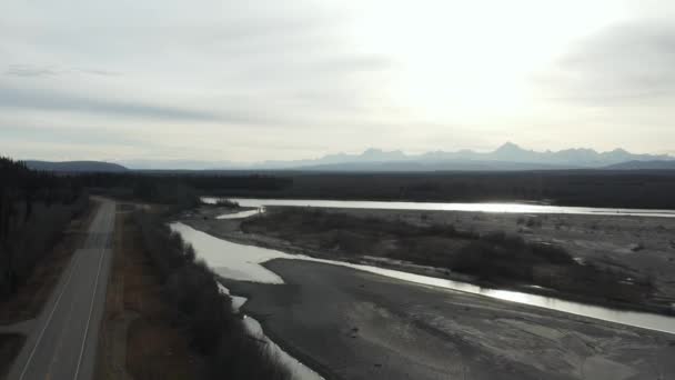 Aerial View Alaskan Road River — 图库视频影像