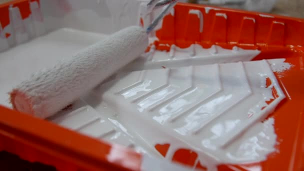 Hand Dips Paint Roller Tray White Paint — Vídeos de Stock