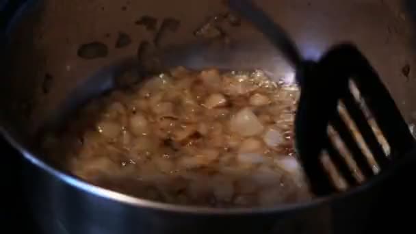 Stirring Browning Diced Onions Stainless Pan Close — Stock videók