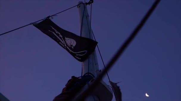 Pirate Flag Slow Motion Waving Vind Moon Background — 비디오
