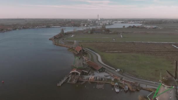 Aerial View Windmills Typical Dutch Landscape Rotating Wicks Bright Day — Stock Video