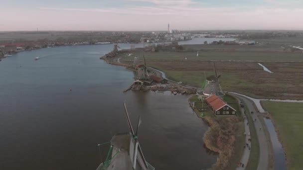 Aerial View Windmills Typical Dutch Landscape Rotating Wicks Bright Day — Videoclip de stoc