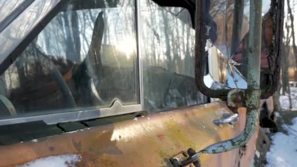 Panning Driver Side Rusted Old Truck Snowy Winter Forest Scene — Video Stock