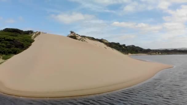 Fast Moving Forward Aerial River Mouth System Moving Sand Dunes — Wideo stockowe