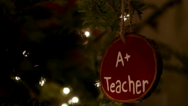 Close Great Teacher Decoration Hanging Real Fir Christmas Tree Bokeh — Stockvideo