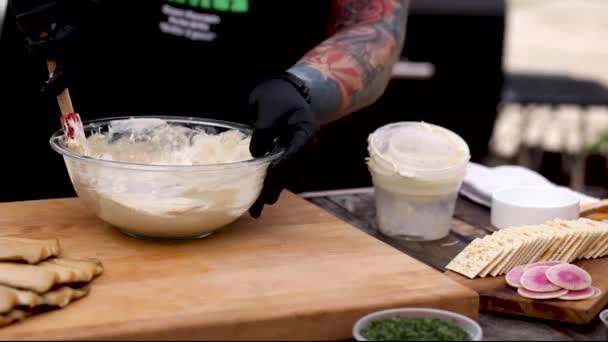 Man Mixing Creamy Ingredients Hand Using Spatula Concept Bbq Smoker — Vídeo de Stock