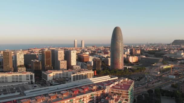 Drone Shot Torre Glories Barcelona Agbar Sunset — Video