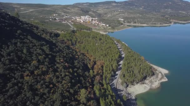 水平線の小さな村と湖に近い森に囲まれた道路の空中ビュー スペイン — ストック動画
