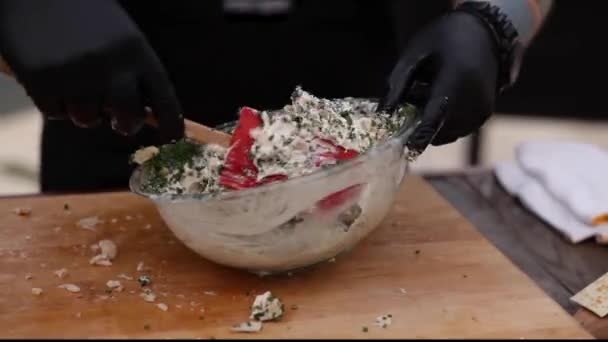 Man Mixes Chopped Fish Ingredients Chives Bowl Smoker Concept Bbq — Stockvideo