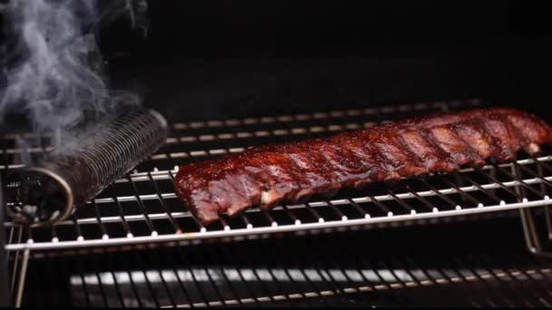 Smoker Full Rack Baby Back Pork Ribs Run Sauces Concept — Vídeo de stock