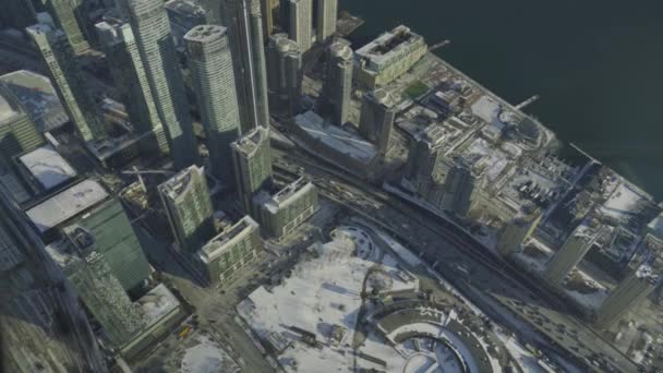 Aerial View Downtown Toronto Large Skyscrapers Snow Covered Ground Half — Vídeo de Stock