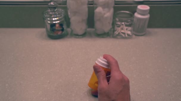 Man Opening Pill Bottle Taking Opioid His Bathroom Vanity — Vídeo de Stock