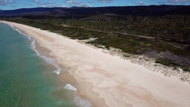 Drone Pan White Sand Beach Blue Ocean Coast Tasmania Australia — Stock video