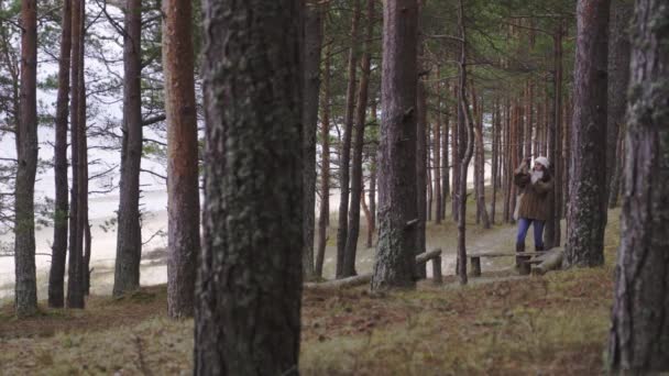 Girl Wandering Pine Forest Reach Baltic Sea — Stockvideo